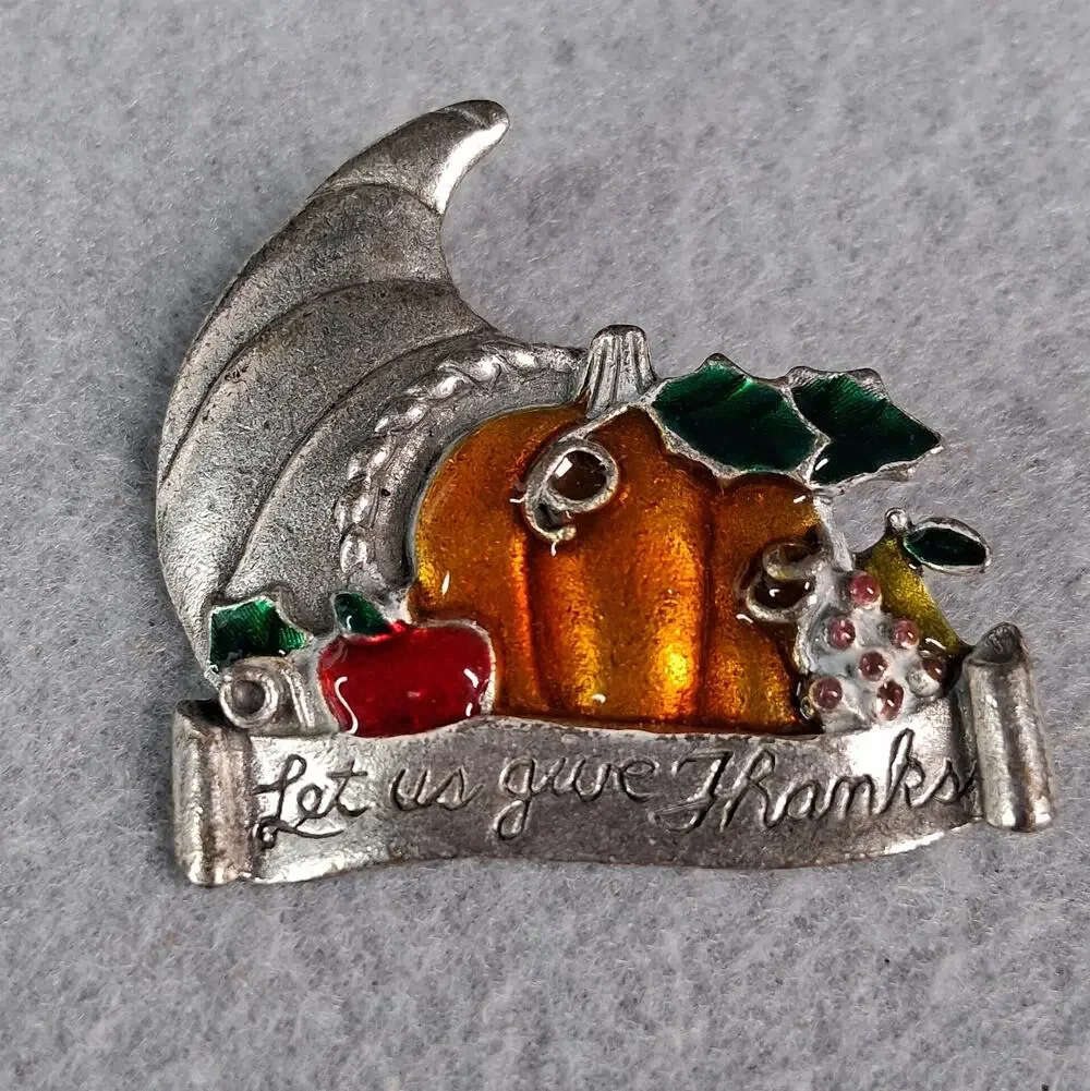 Vintage AJMC Thanksgiving Pin Brooch Fall Autumn Let Us Give Thanks Silver‎ Tone